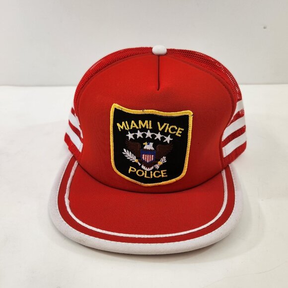 Miami Vice Police Patch 3 Stripe Trucker Hat Mesh Vtg 80s Red Snapback Cap - Picture 1 of 9